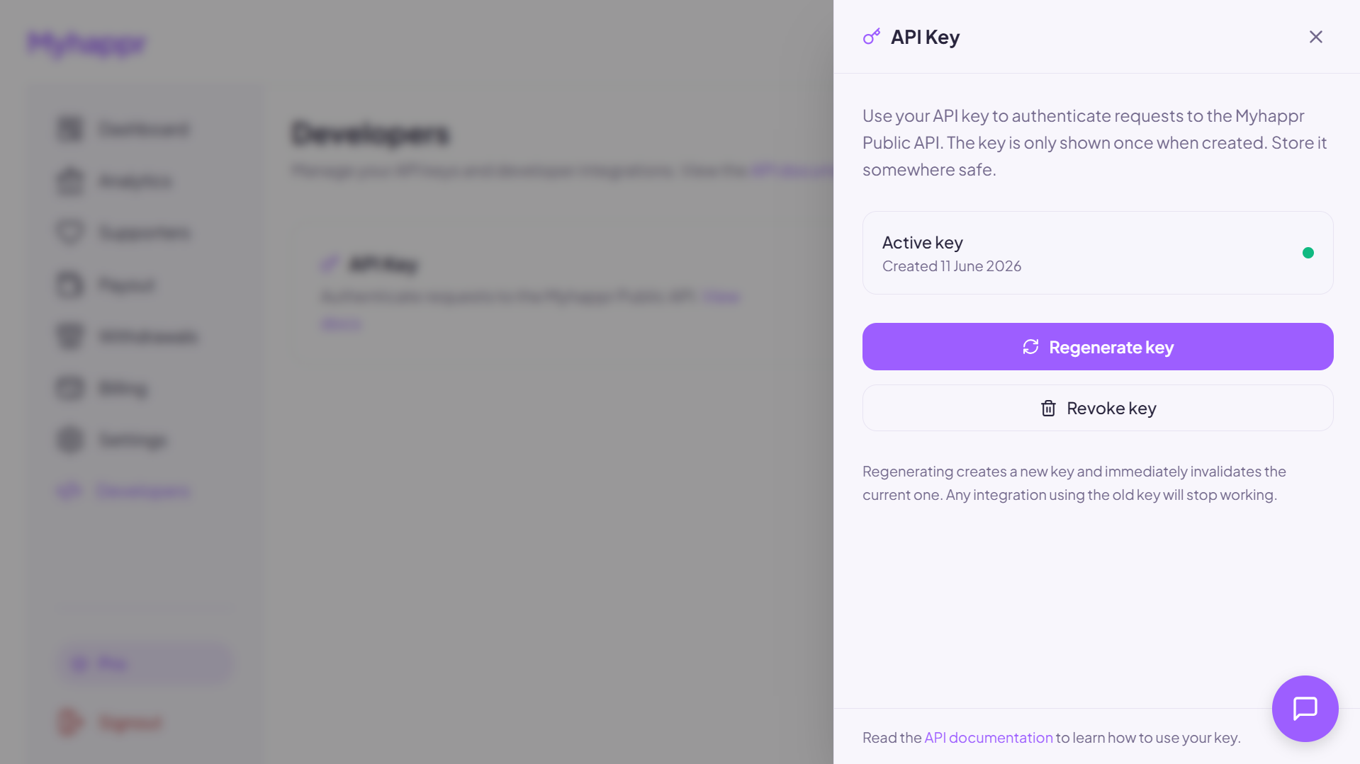 Myhappr API Key drawer showing the active key status with Regenerate and Revoke buttons