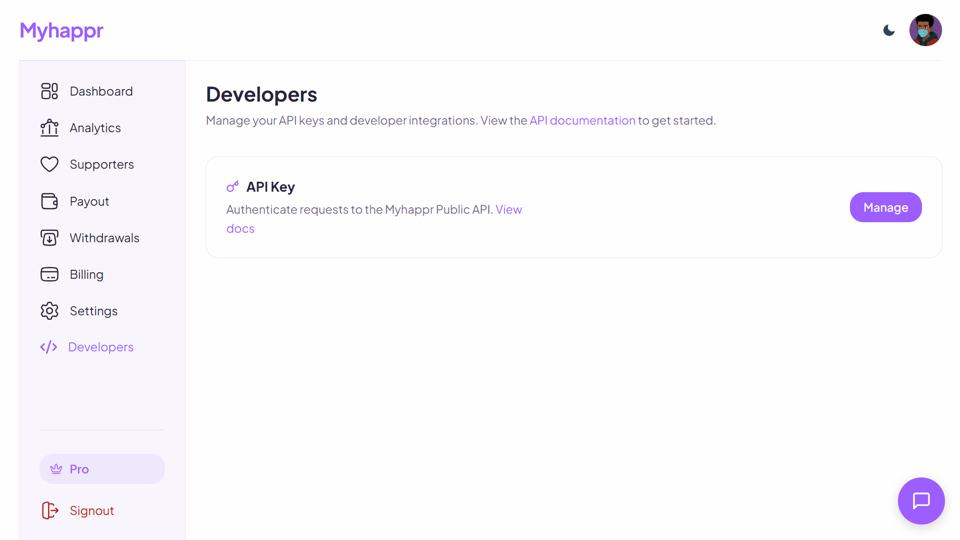 Myhappr Developers Dashboard showing the API Key card with a Manage button