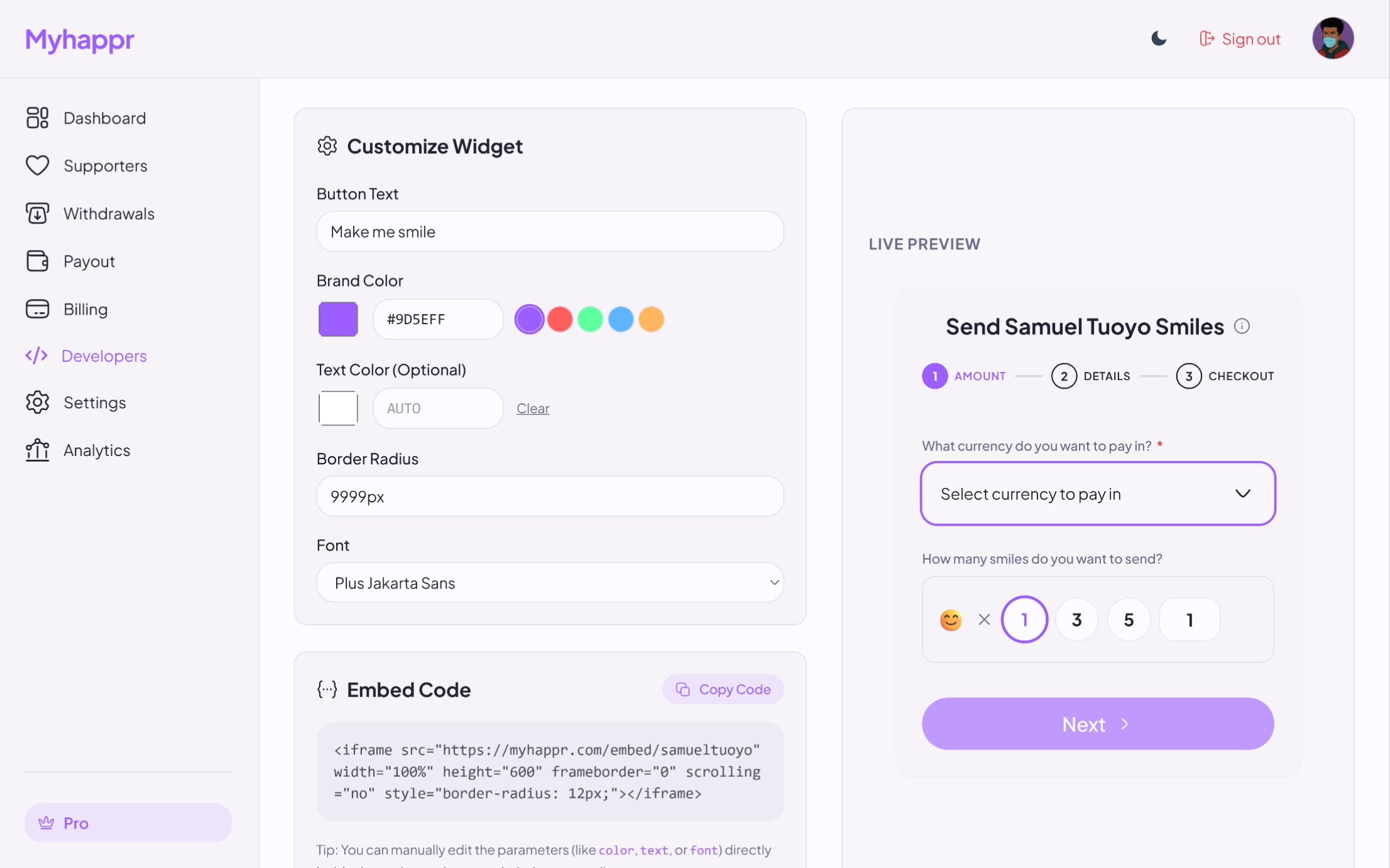 Screenshot of the Myhappr Embed Toolkit in Developer Settings