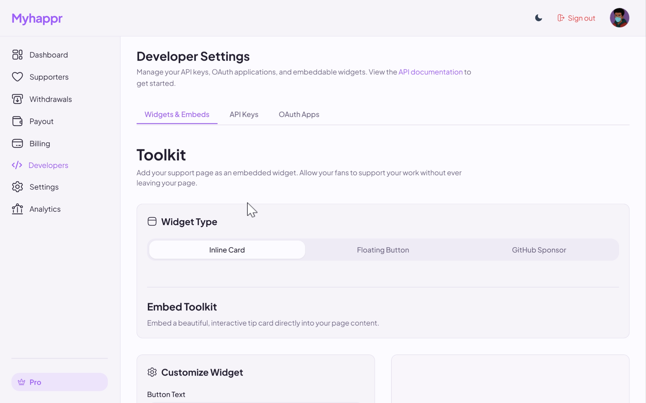 Screenshot of the Myhappr Embed Toolkit in Developer Settings