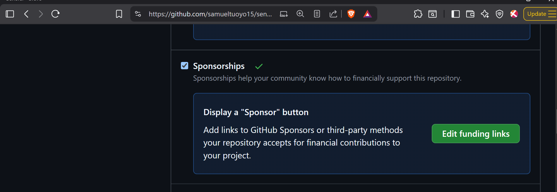 Checking the Sponsorships feature checkbox in GitHub settings