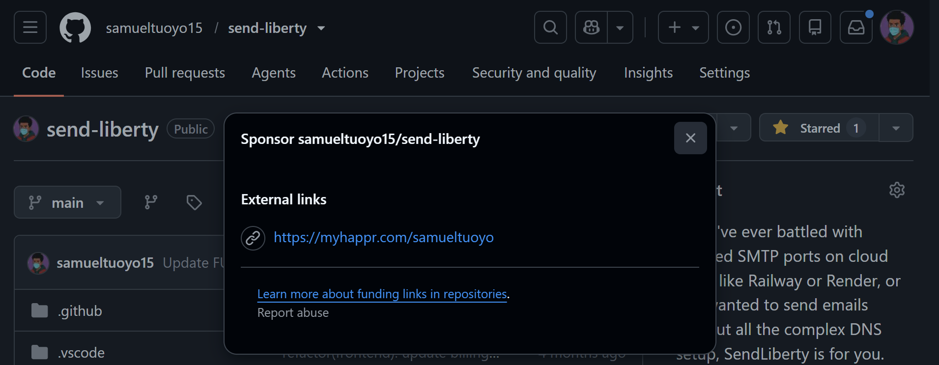 GitHub repository showing the active Sponsor button and modal